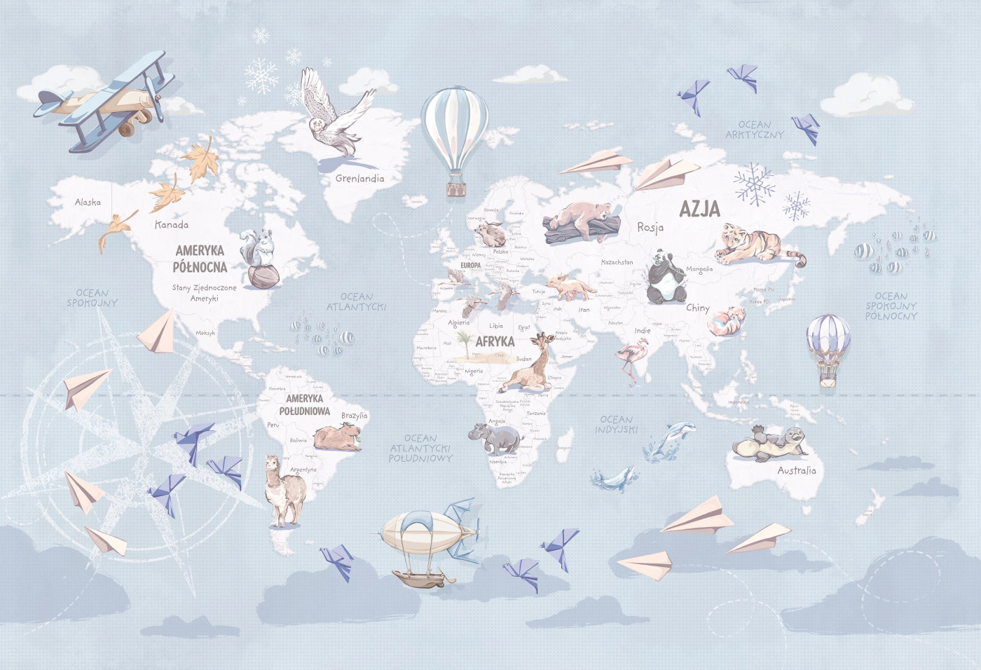 WANDERLUST – BLUE - tapeta mapa świata z samolotami i balonami WANDERLUST – BLUE - tapeta mapa świata z samolotami i balonami