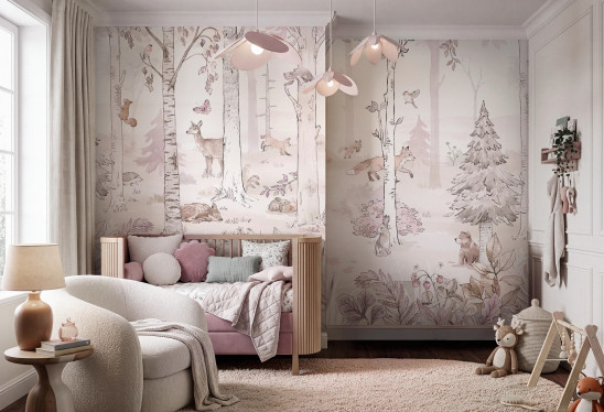 HELLO RABBIT - pink - leśny mural ze zwierzętami do pokoju dziewczynki