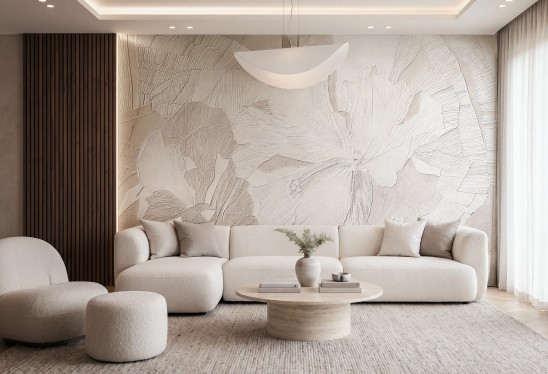 HIBISCUS RELIEF - latte - tapeta w stylu secesyjnym do salonu lub sypialni