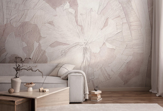 HIBISCUS RELIEF - shell pink - tapeta w romantyczne kwiaty do salonu lub sypialni