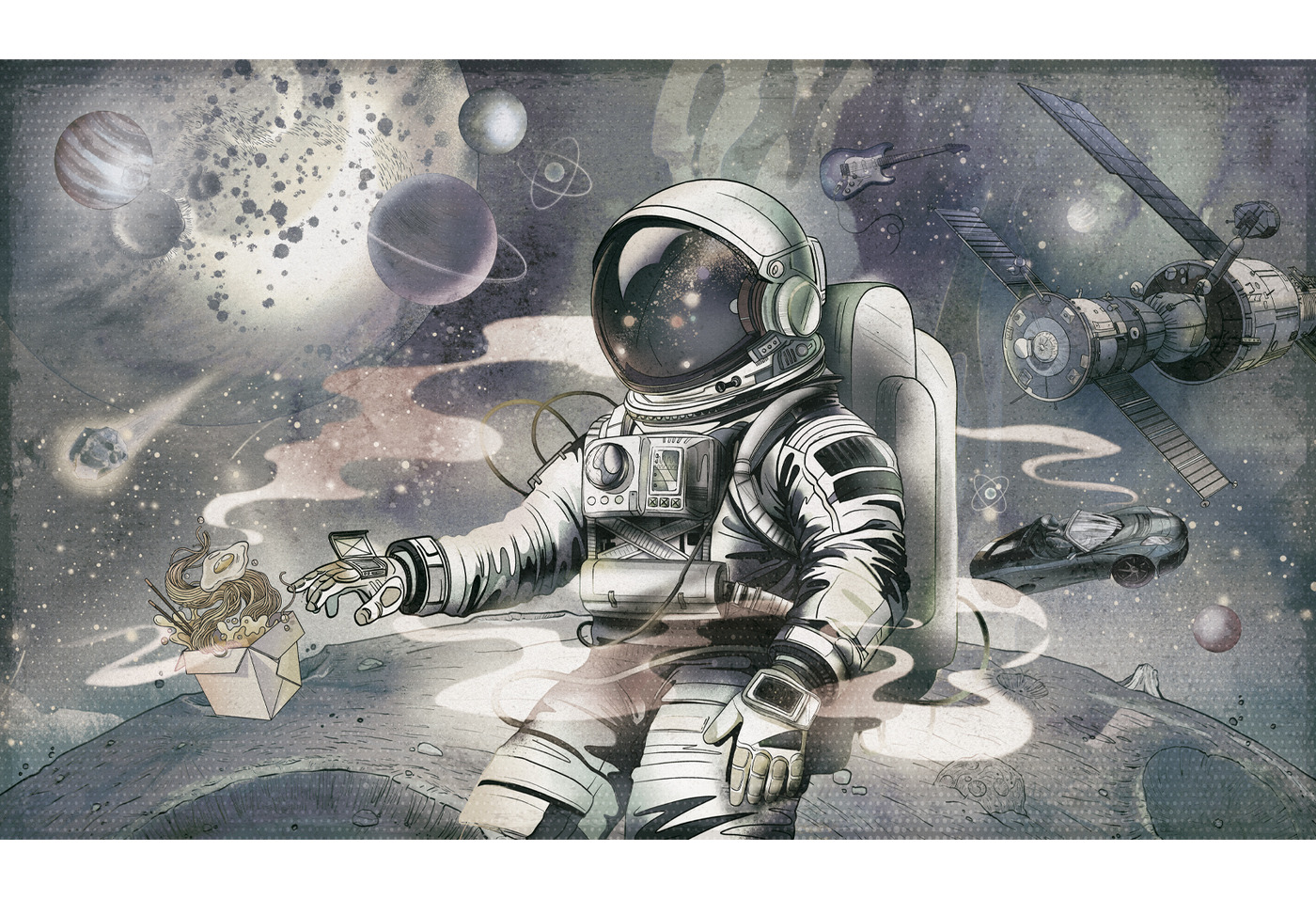 kosmiczna tapeta z astronautą i samochodem Malumi