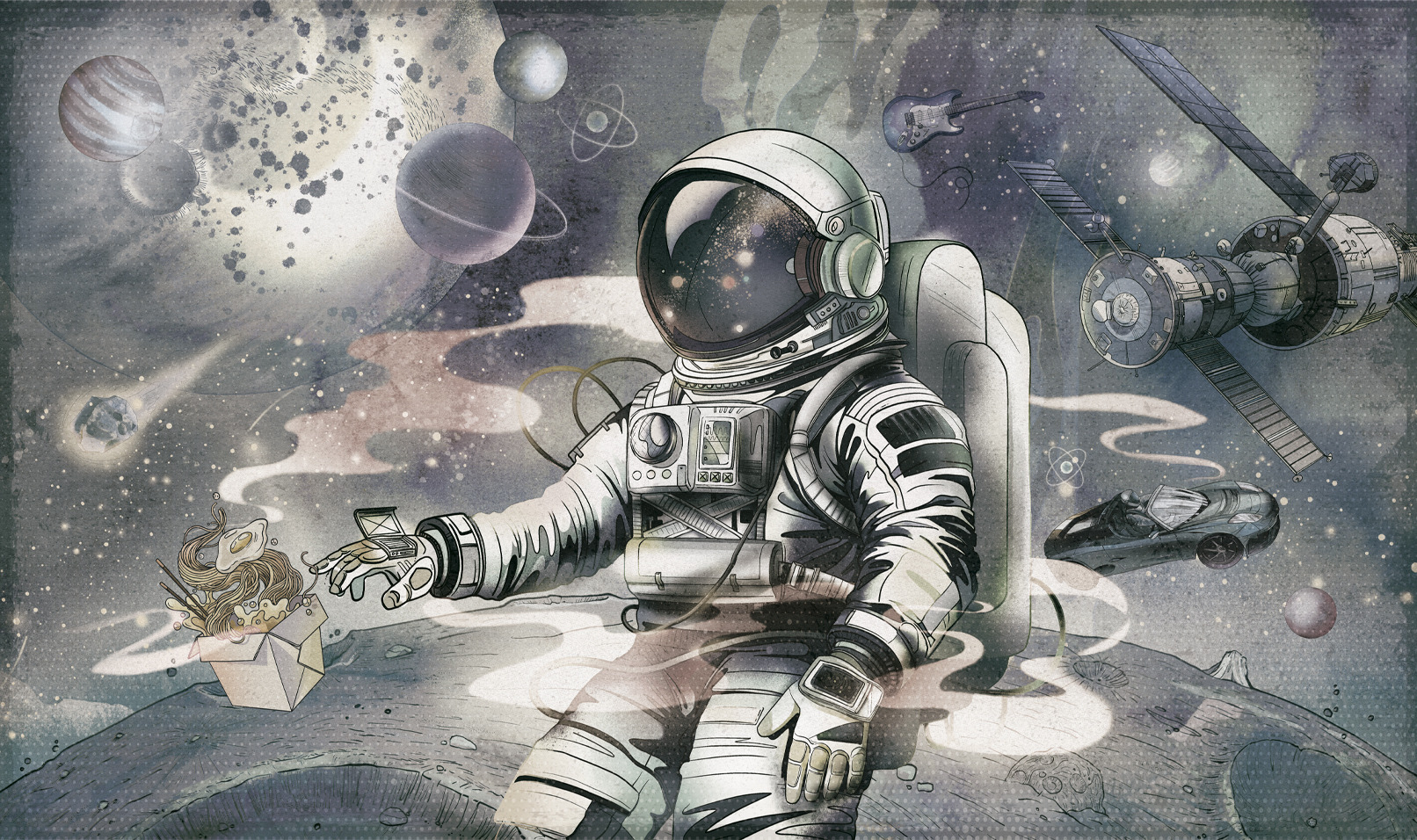 kosmiczna tapeta z astronautą i samochodem Malumi