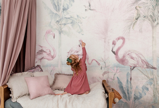 Malumi dziewczęca tapeta z flamingami i kwiatami