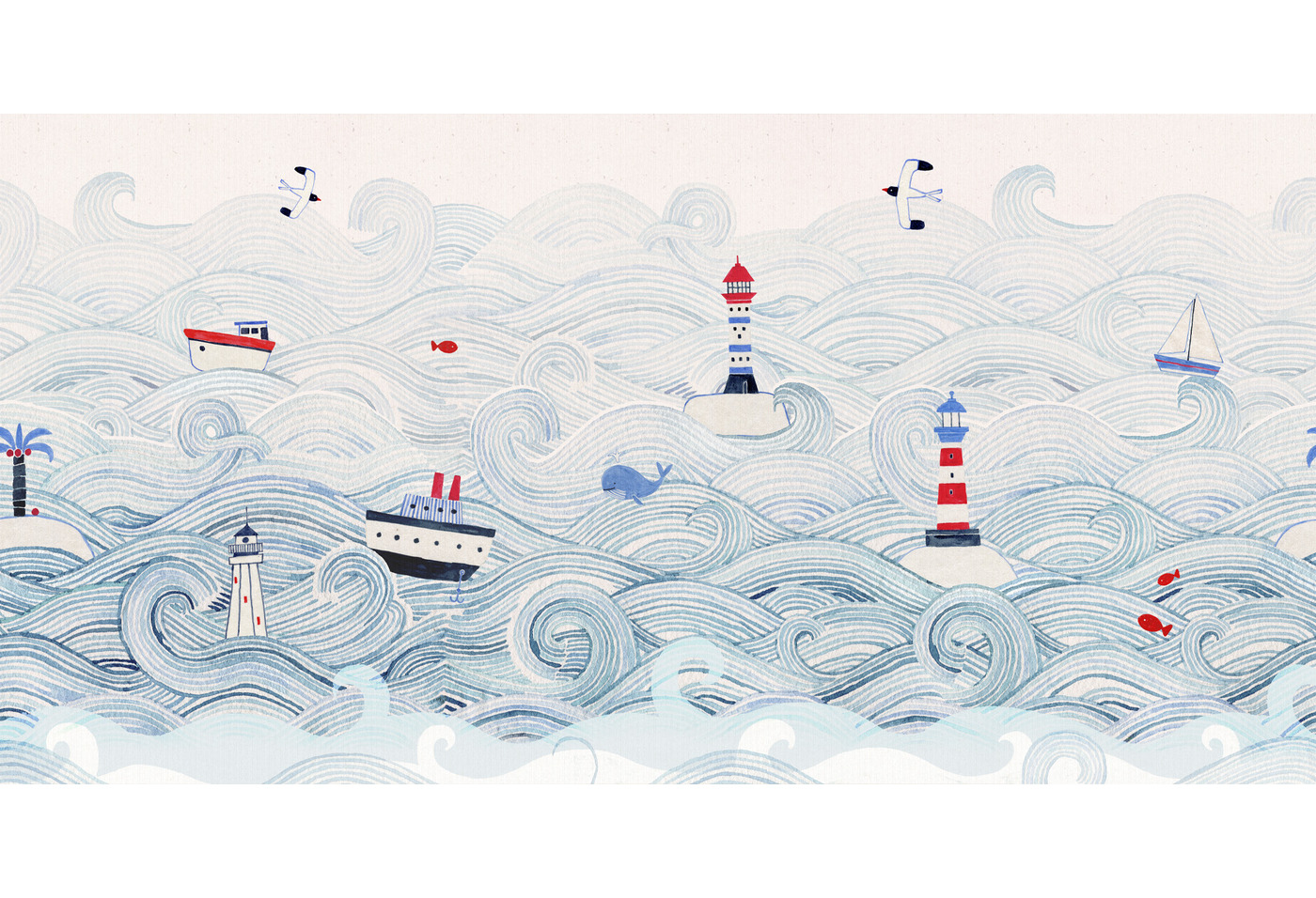 Marynarski wzór na tapetę z falami, statkami i latarniami dla pokoju dziecięcego