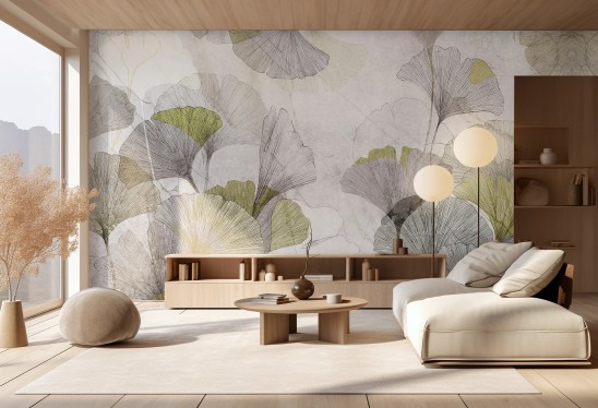 GINGKO - lime - tapeta z miłorzębem do salonu lub sypialni
