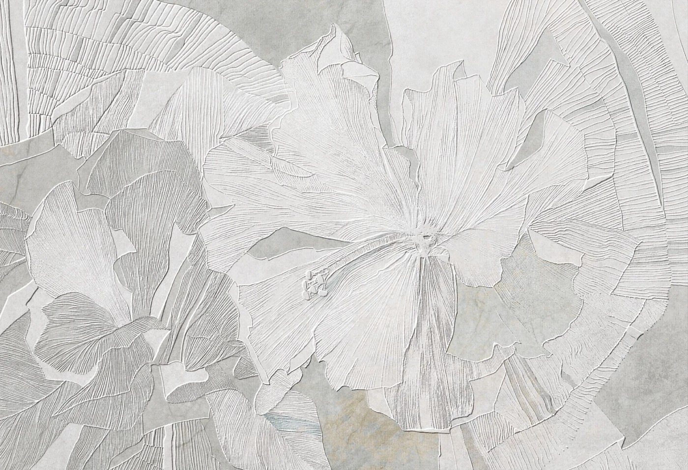 HIBISCUS RELIEF - sage grey - tapeta w duże kwiaty do salonu lub sypialni