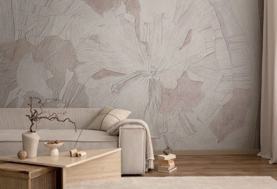 HIBISCUS RELIEF - shell pink - tapeta w romantyczne kwiaty do salonu lub sypialni