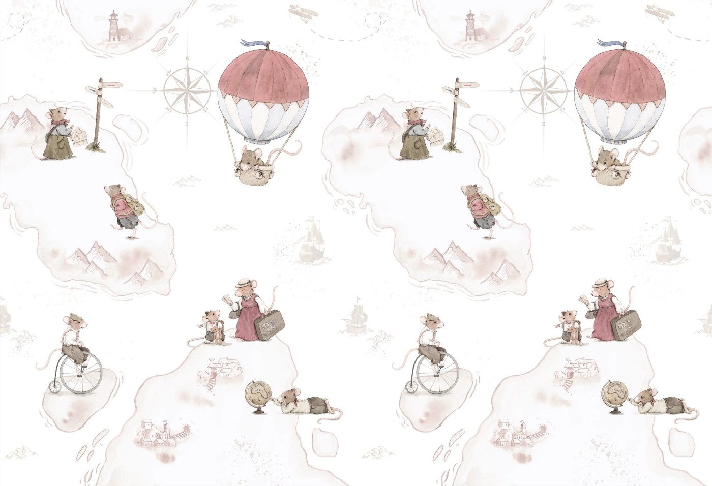 MYSZKI PODRÓŻNICZKI - tapeta dziecięca dla dziewczynki i chłopca w stylu vintage