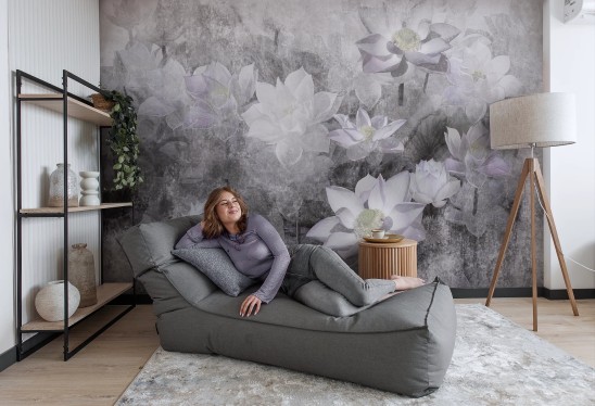 LOTUS BLOSSOM - grey - tapeta do salonu w duże kwiaty