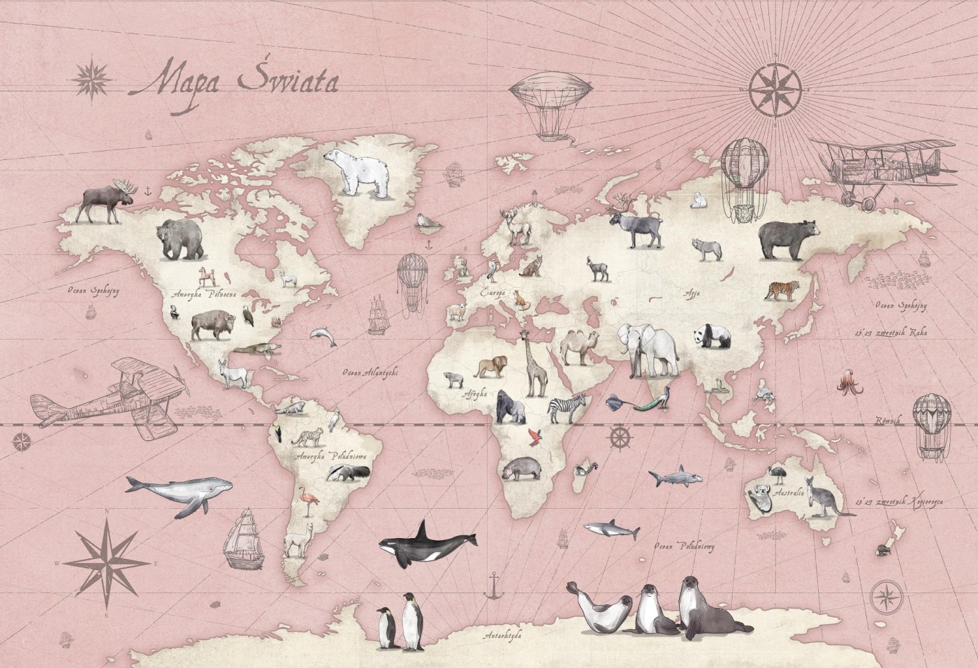 MAPS - rose - różowa tapeta z mapą i zwierzętami