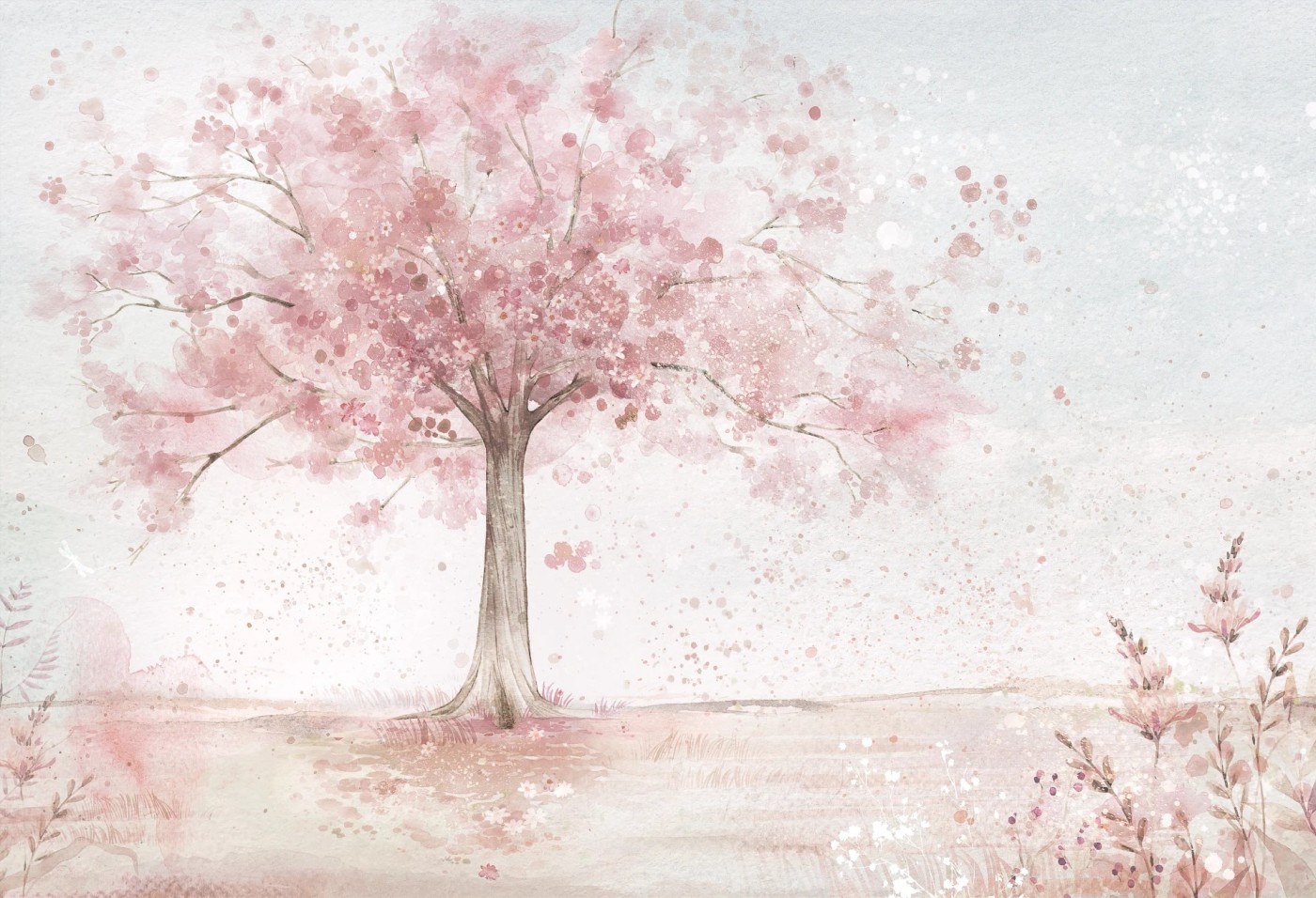 MERRY CHERRY - pink - różowa tapeta dla dziewczynki z drzewem