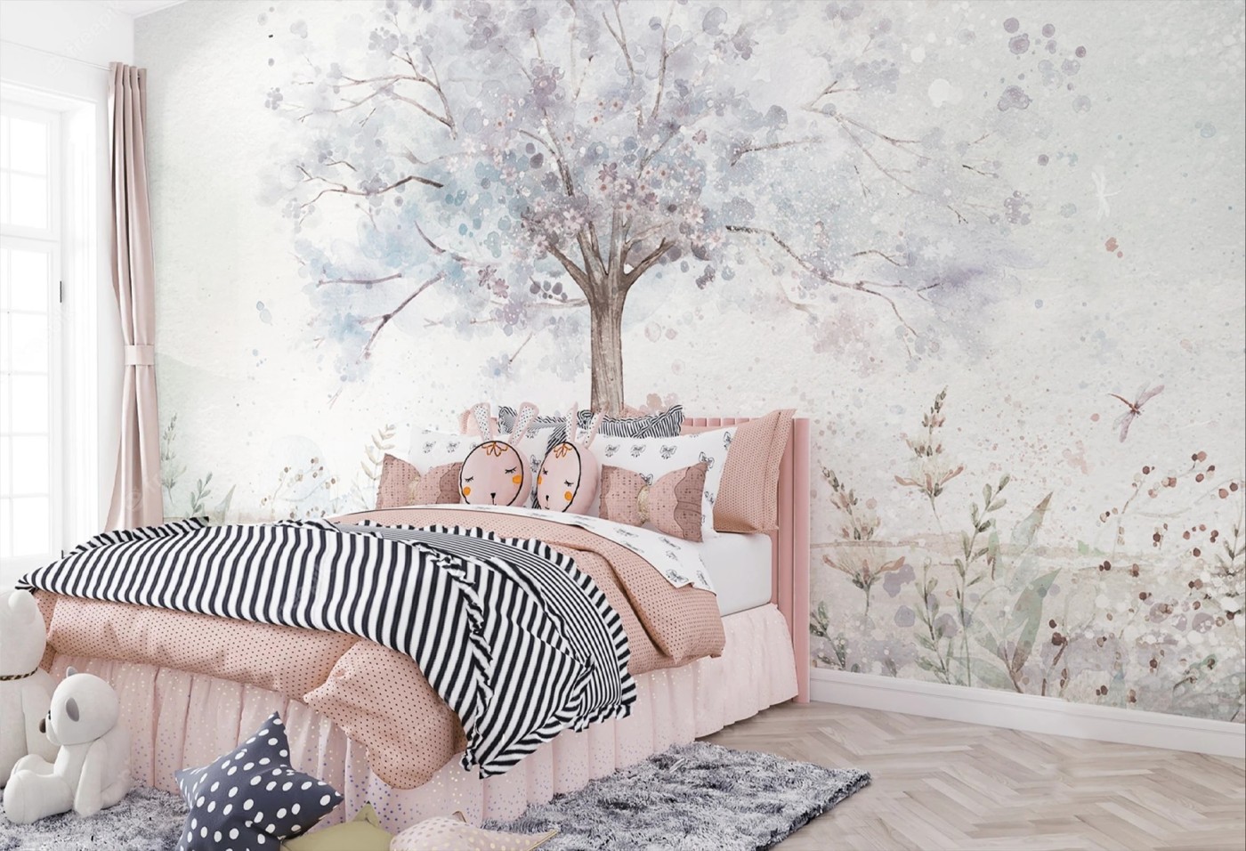 MERRY CHERRY - purple - tapeta dla dziewczynki z kwiatami i drzewem