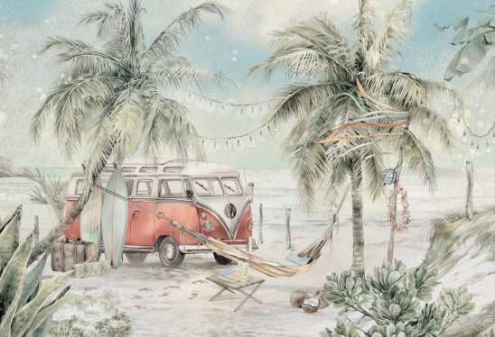 SURF CAMP - mint - tapeta z vanem i deskami surfingowymi