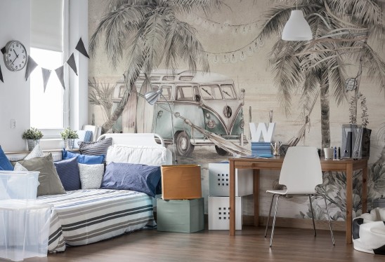 SURF CAMP - neutral - tapeta dla nastolatków w stylu vintage