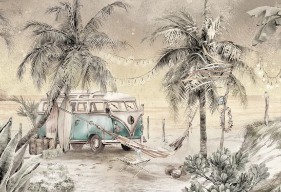 Surf Camp - neutral - tapeta z vanem i deskami surfingowymi