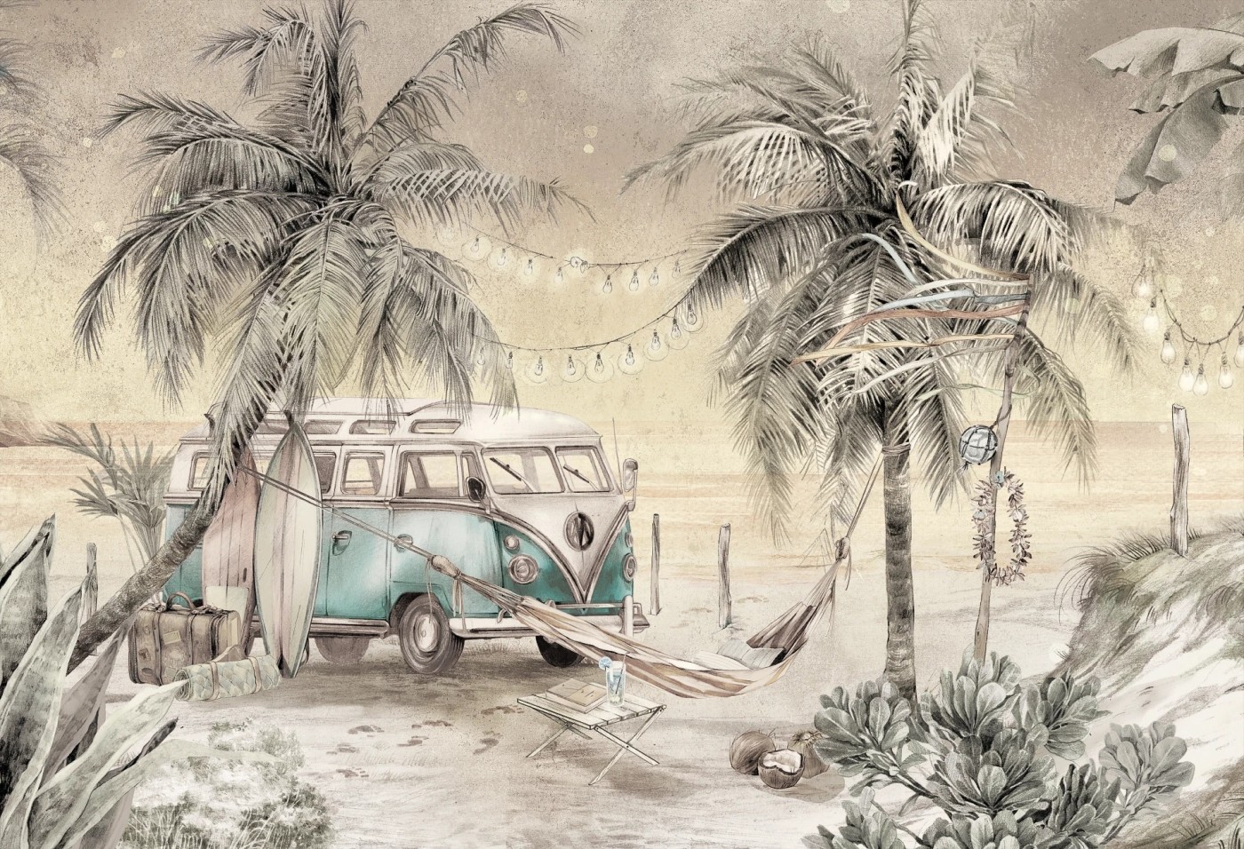 SURF CAMP - neutral - tapeta dla nastolatków w stylu vintage SURF CAMP - neutral - tapeta dla nastolatków w stylu vintage