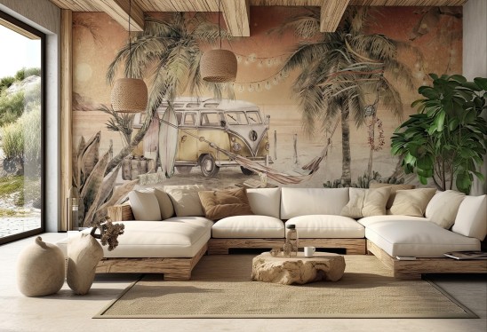 SURF CAMP - red - tapeta z vanem i deskami surfingowymi