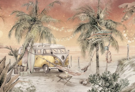 SURF CAMP - red - tapeta z vanem i deskami surfingowymi