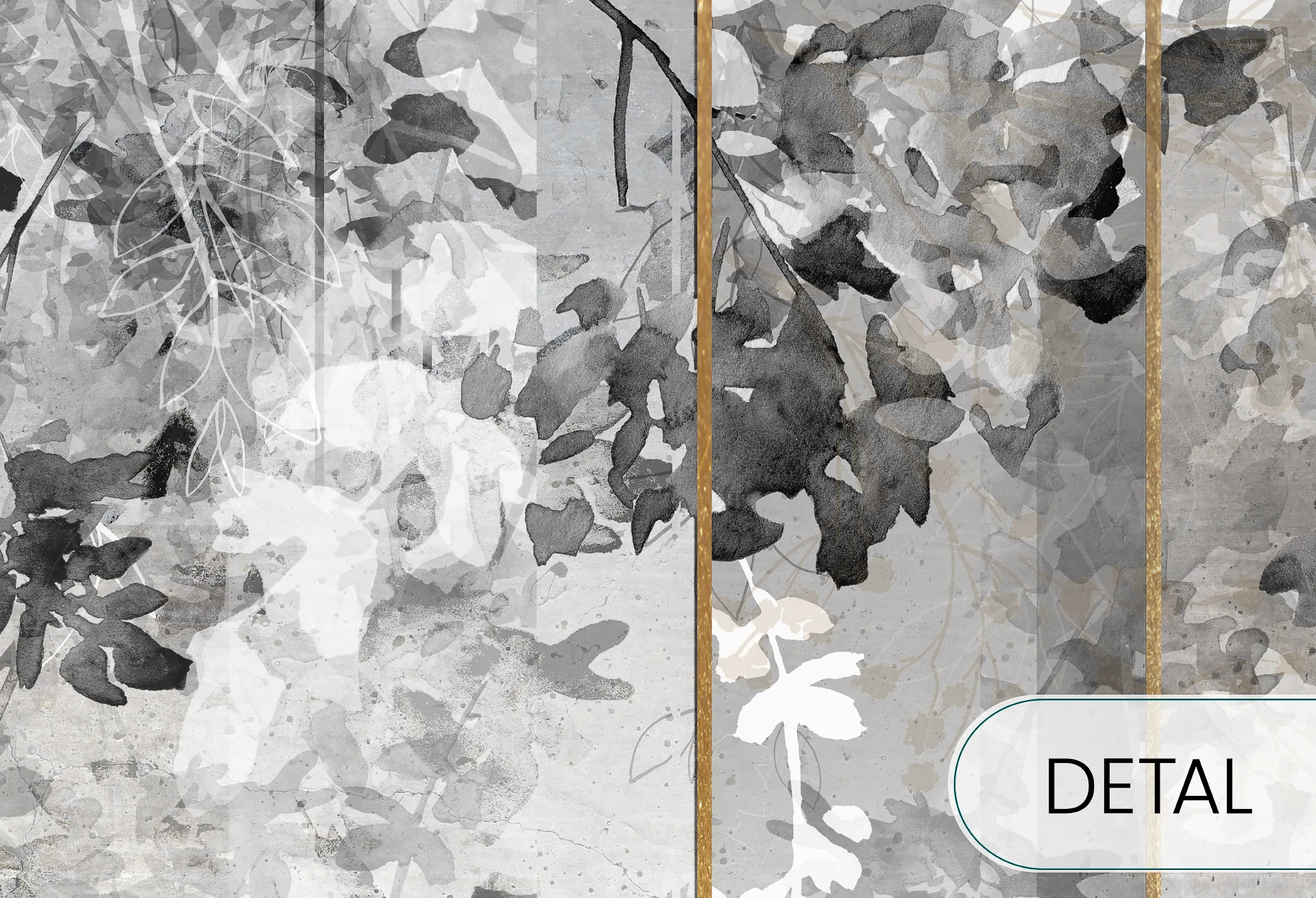 ABSTRACT FLOWERS - grey - tapeta nowoczesna ze złotymi detalami