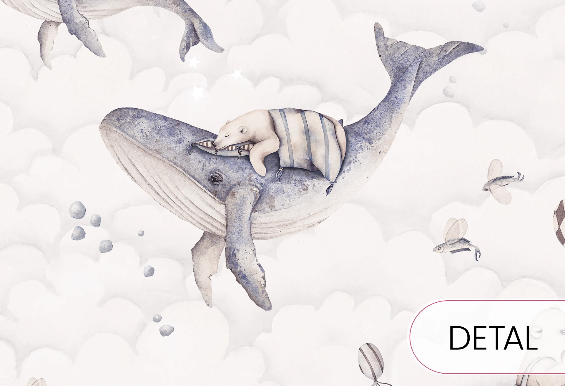 DREAMY OCEAN - subtelna tapeta do sypialni dziecięcej w misie i wieloryby