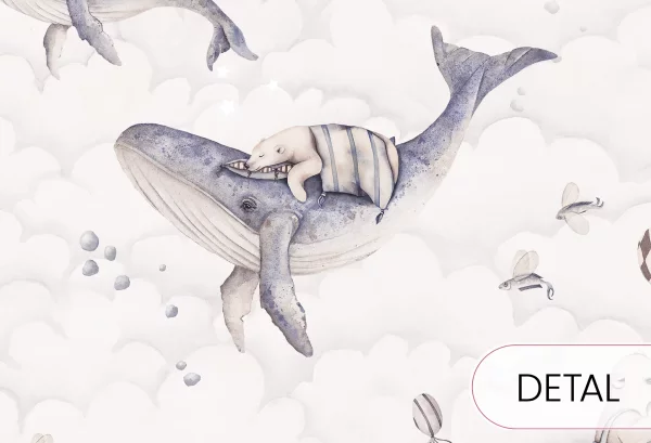 DREAMY OCEAN - subtelna tapeta do sypialni dziecięcej w misie i wieloryby - detal