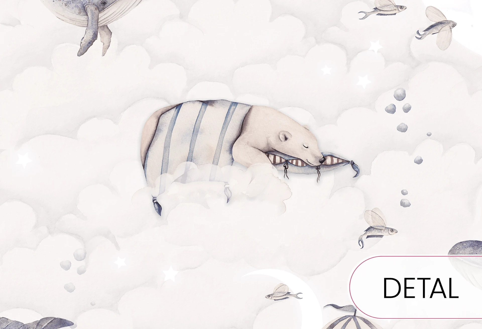 DREAMY OCEAN - subtelna tapeta do sypialni dziecięcej w misie i wieloryby