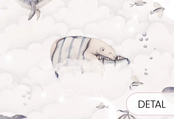 DREAMY OCEAN - subtelna tapeta do sypialni dziecięcej w misie i wieloryby - detal