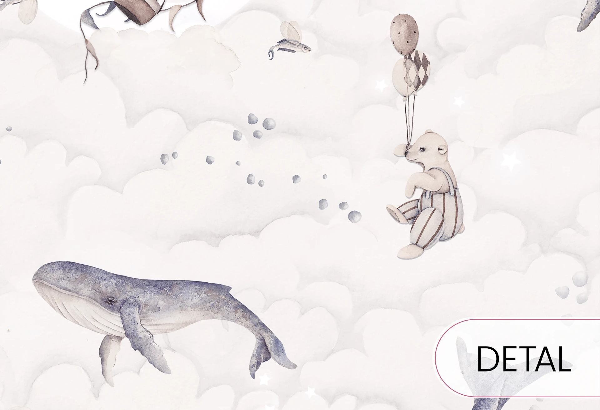 DREAMY OCEAN - subtelna tapeta do sypialni dziecięcej w misie i wieloryby