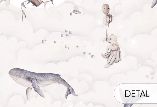 DREAMY OCEAN - subtelna tapeta do sypialni dziecięcej w misie i wieloryby - detal