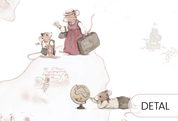MYSZKI PODRÓŻNICZKI - tapeta dziecięca dla dziewczynki i chłopca w stylu vintage - detal