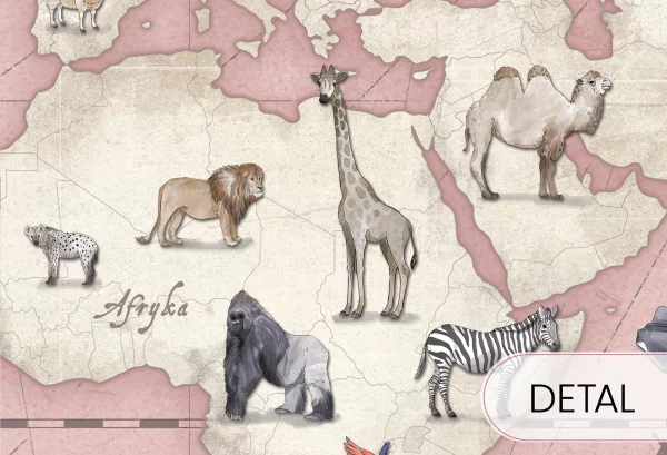 MAPS - rose - różowa tapeta z mapą i zwierzętami - detal