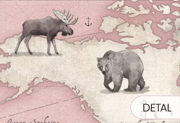 MAPS - rose - różowa tapeta z mapą i zwierzętami - detal