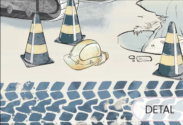 PLAC BUDOWY MURAL - blue - tapeta chłopięca z maszynami budowlanymi - detal