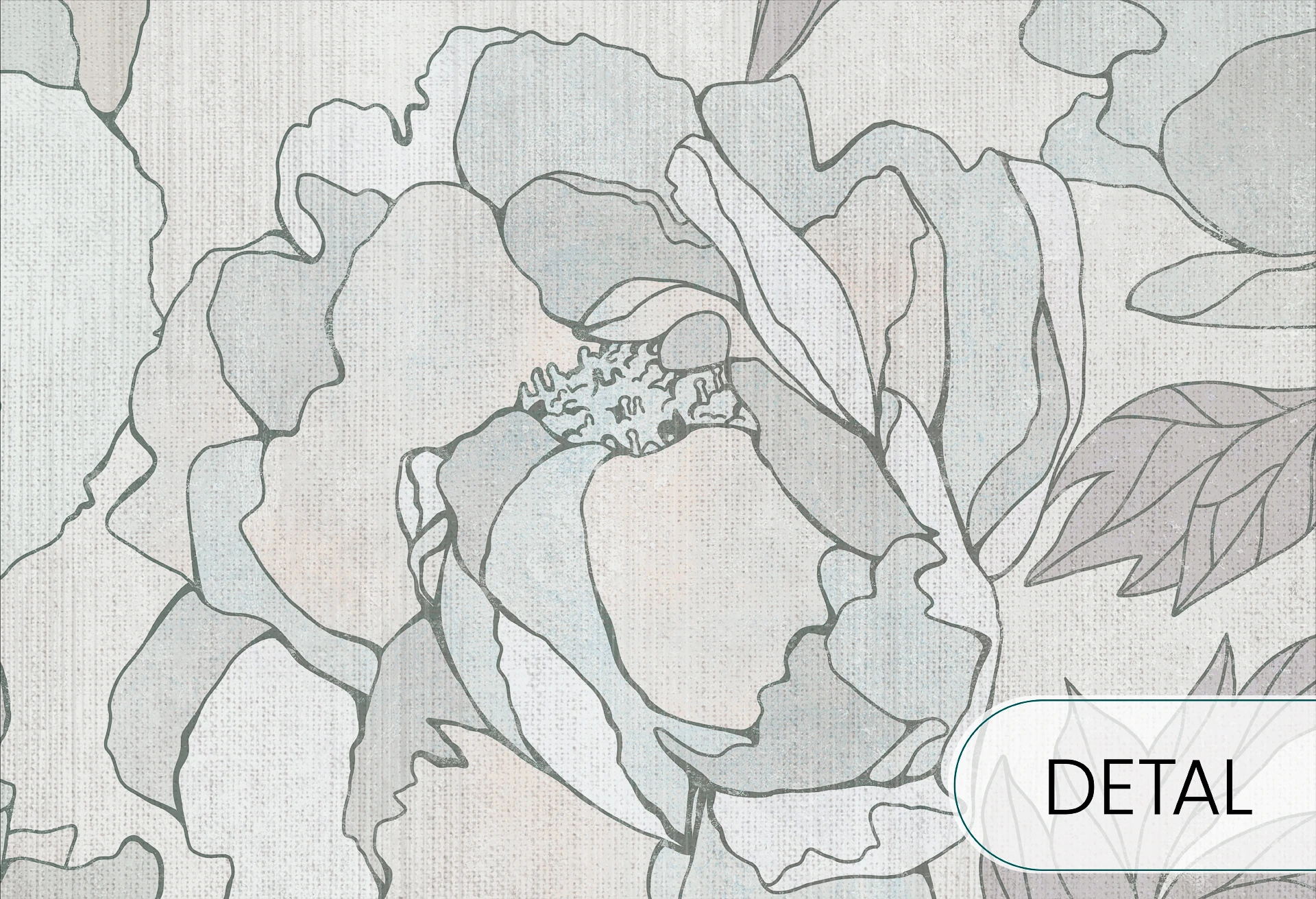 PEONIES - sage grey -  tapeta do salonu w duże kwiaty