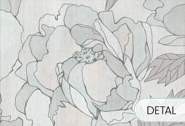 PEONIES - sage grey -  tapeta do salonu w duże kwiaty - detal