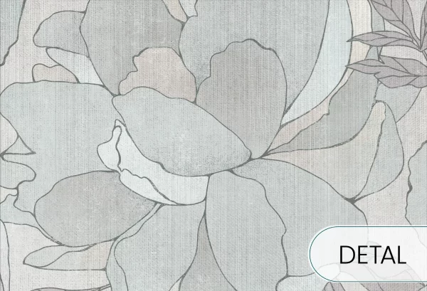 PEONIES - sage grey -  tapeta do salonu w duże kwiaty - detal