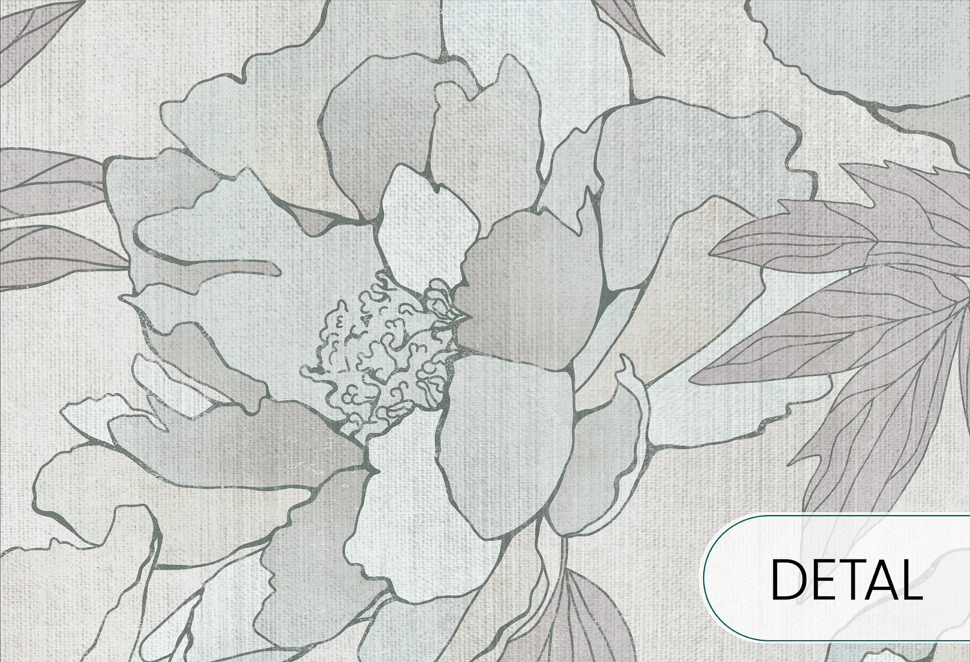 PEONIES - sage grey -  tapeta do salonu w duże kwiaty