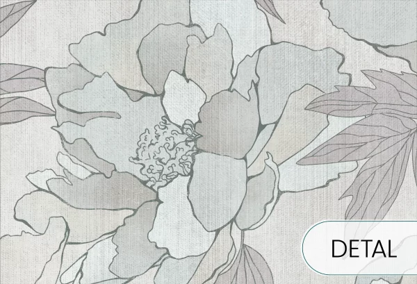 PEONIES - sage grey -  tapeta do salonu w duże kwiaty - detal