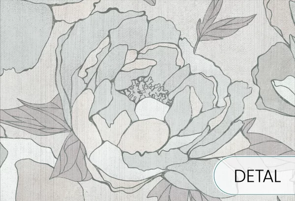 PEONIES - sage grey -  tapeta do salonu w duże kwiaty - detal