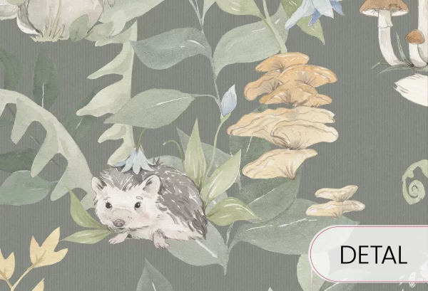 WOODLAND SMALL - dark green - tapeta dziecięca w leśne zwierzątka i rośliny - detal