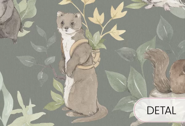 WOODLAND SMALL - dark green - tapeta dziecięca w leśne zwierzątka i rośliny - detal