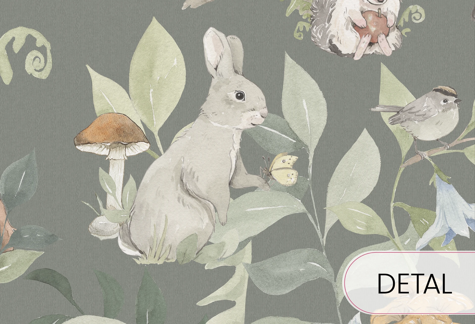 WOODLAND SMALL - dark green - tapeta dziecięca w leśne zwierzątka i rośliny