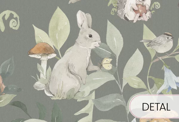 WOODLAND SMALL - dark green - tapeta dziecięca w leśne zwierzątka i rośliny - detal