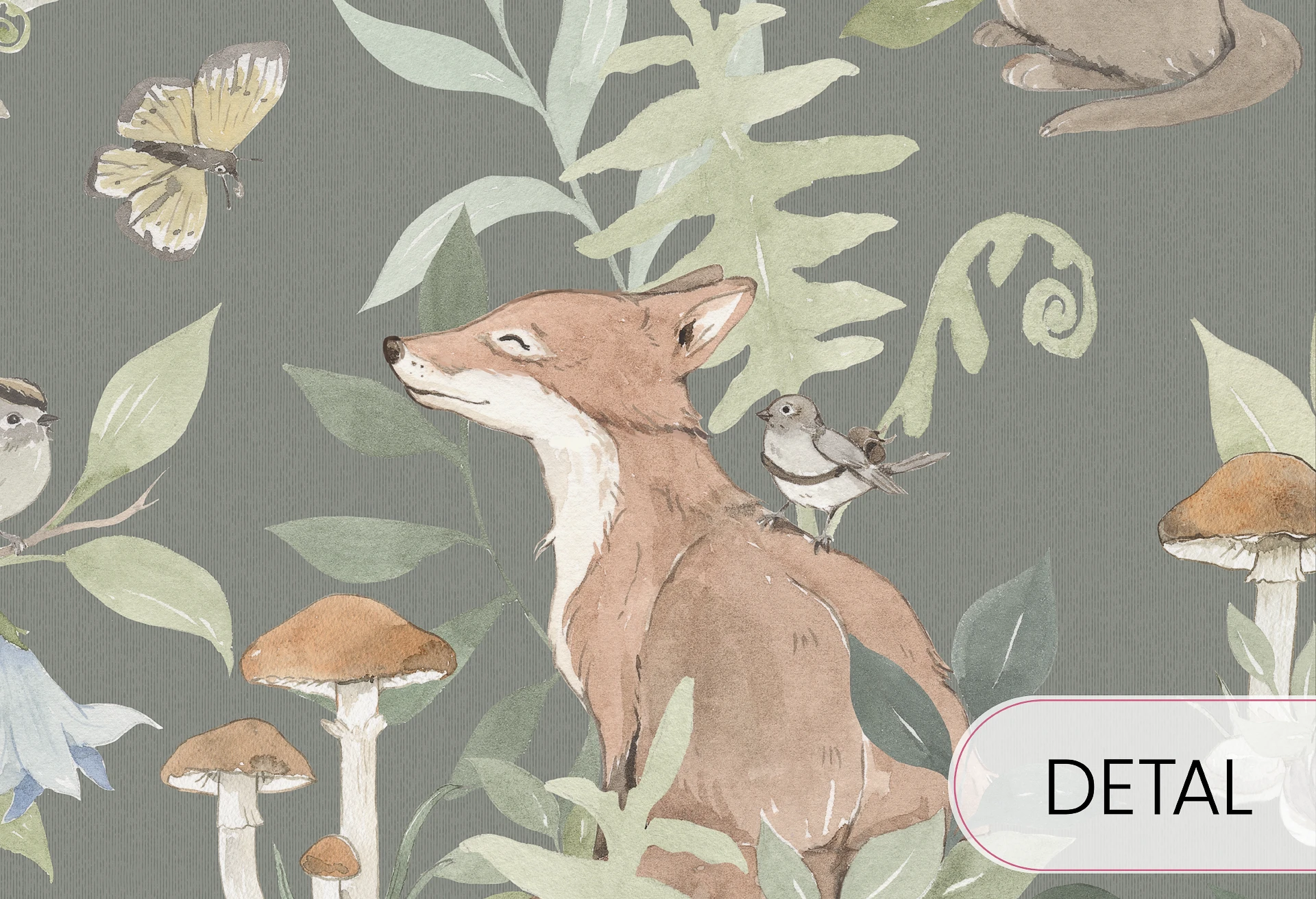 WOODLAND SMALL - dark green - tapeta dziecięca w leśne zwierzątka i rośliny