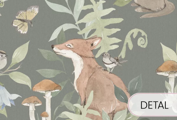 WOODLAND SMALL - dark green - tapeta dziecięca w leśne zwierzątka i rośliny - detal