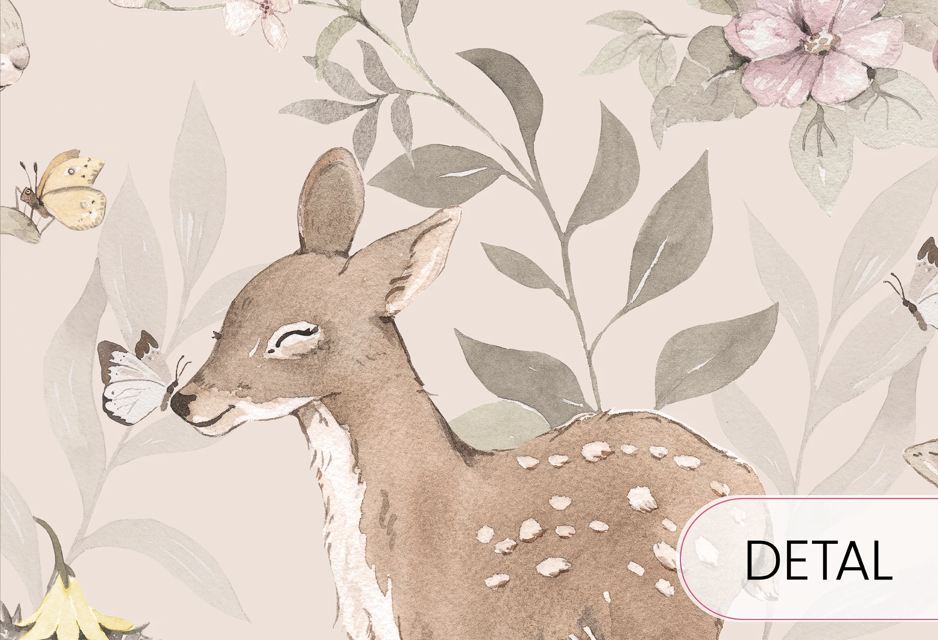 WOODLAND GIRLS - beige - tapeta do pokoju dziecka w kwiaty i zwierzątka