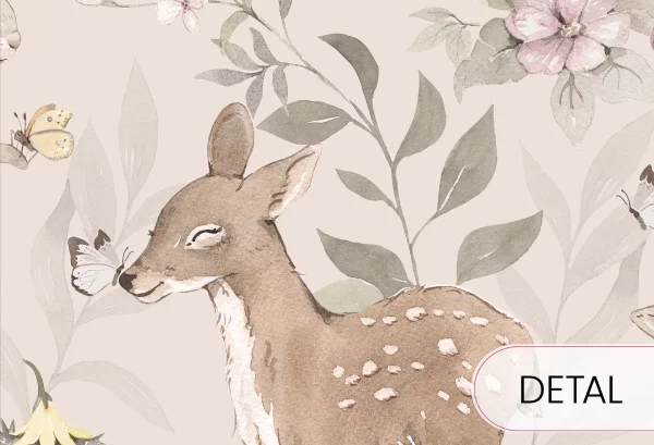 WOODLAND GIRLS - beige - tapeta do pokoju dziecka w kwiaty i zwierzątka - detal