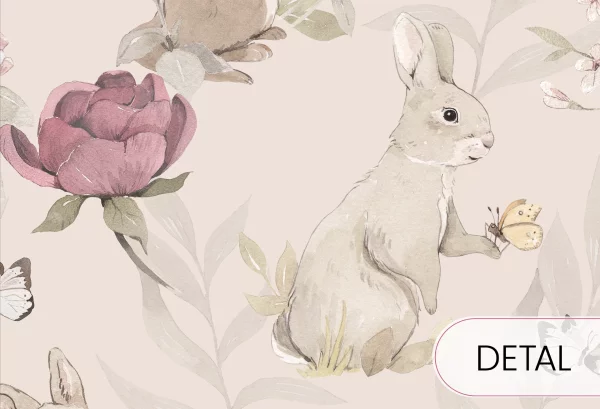 WOODLAND GIRLS - beige - tapeta do pokoju dziecka w kwiaty i zwierzątka - detal