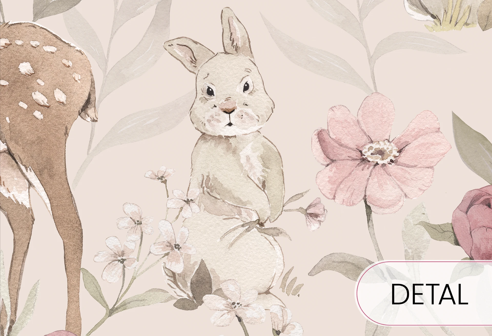 WOODLAND GIRLS - beige - tapeta do pokoju dziecka w kwiaty i zwierzątka