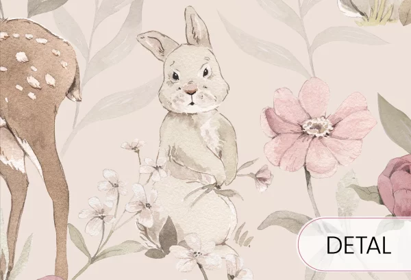 WOODLAND GIRLS - beige - tapeta do pokoju dziecka w kwiaty i zwierzątka - detal
